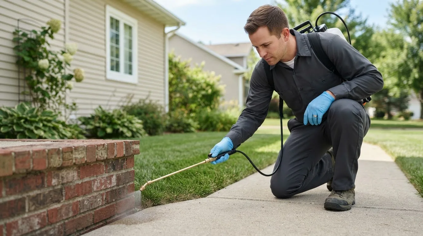 Pest control technician treating a home near Ducor, CA